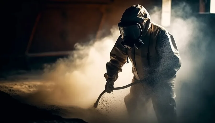 Worker spraying protective coating in respirator gear