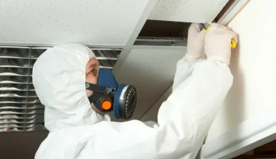 Asbestos abatement work in protective gear